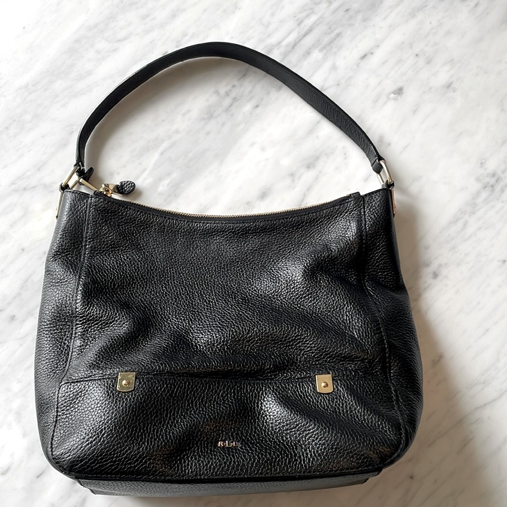 Authentic Ralph Lauren Hobo bag. Black leather, brown cotton lining.